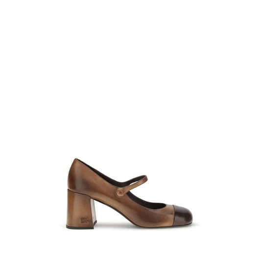 Miu Miu Women's Bos Taurus Calfskin Leather Ballet Mary-Jane Flat Shoes - Black Brown