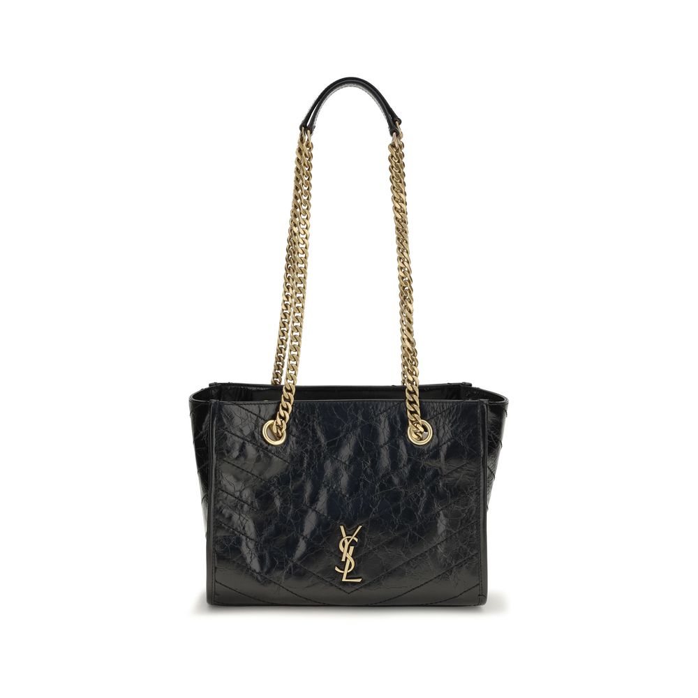 Saint Laurent Cassandre Niki Bos Taurus Calfskin Leather Small Shoulder Shopper Tote Bag - Black Chevron Signature