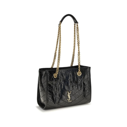 Saint Laurent Cassandre Niki Bos Taurus Calfskin Leather Small Shoulder Shopper Tote Bag - Black Chevron Signature