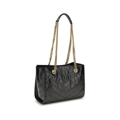 Saint Laurent Cassandre Niki Bos Taurus Calfskin Leather Small Shoulder Shopper Tote Bag - Black Chevron Signature