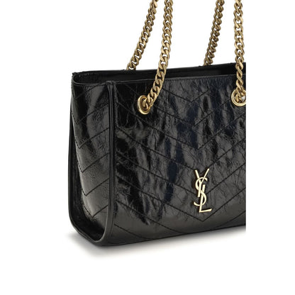 Saint Laurent Cassandre Niki Bos Taurus Calfskin Leather Small Shoulder Shopper Tote Bag - Black Chevron Signature