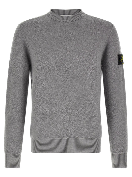 Cardigan by Stone Island for men in virgin wool gray showcases a luxurious silhouette, meticulously detailed with a sophisticated crew neckline and for a refined finish.