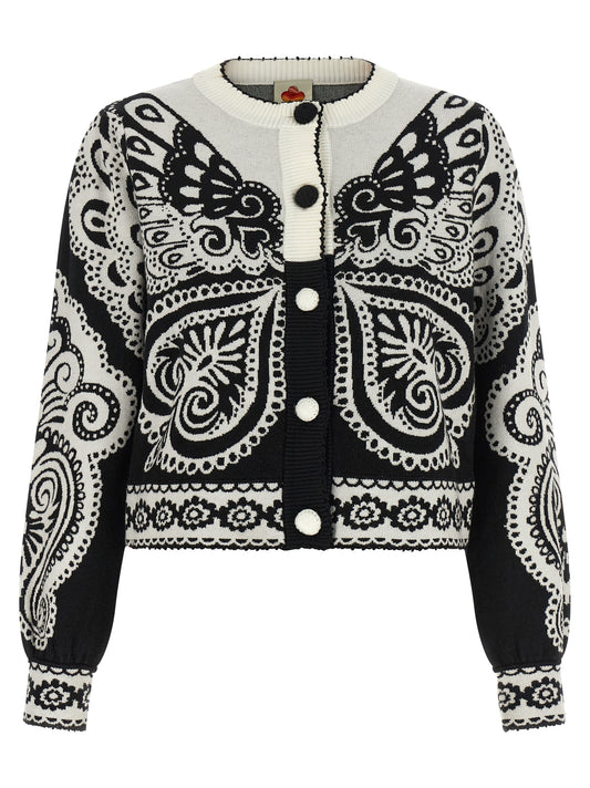Cardigan by FARM RIO for women in acetate polyamide polyester & viscose bicolour, black, white & jacquard showcases a luxurious silhouette, meticulously detailed with a sophisticated round neckline and for a refined finish.