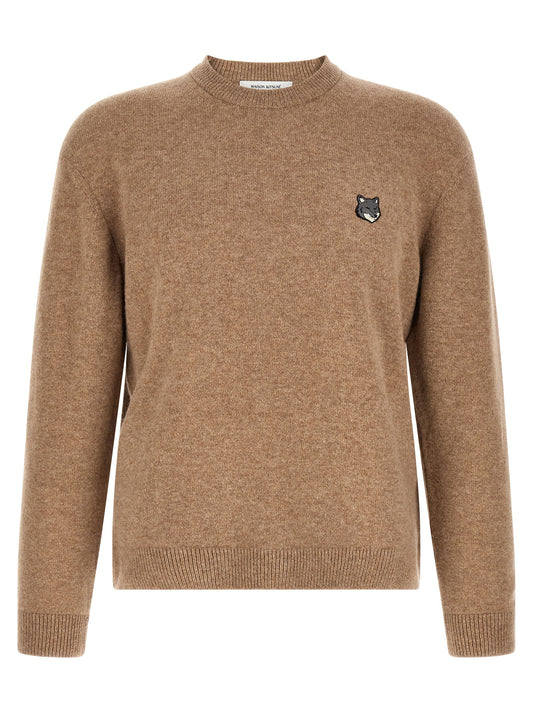 Cardigan by Maison Kitsuné for men in wool beige & signature features a dramatic silhouette, showcasing a sophisticated crew neckline and dramatic detail for a timeless, premium look.