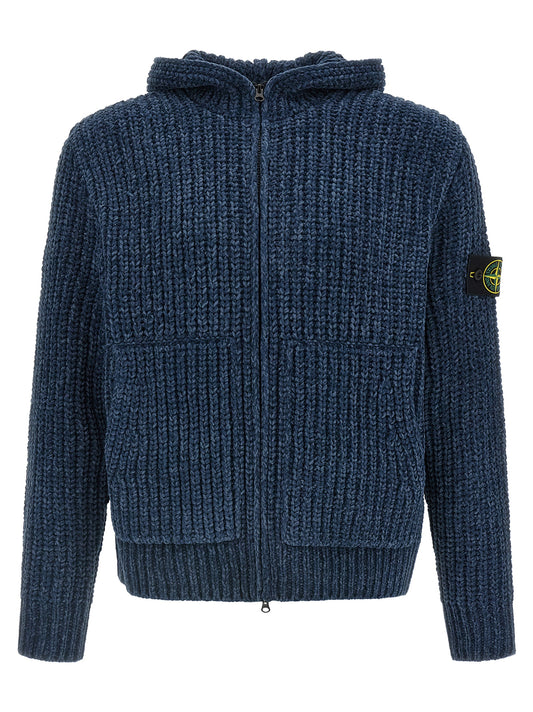 Hooded Cardigan by Stone Island for men in cotton metal & steel blue features a nuanced silhouette with a refined hooded neckline and nuanced detailing for a sophisticated look.