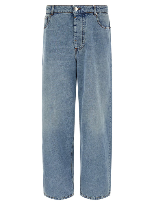 Jeans by Ami Paris for men in denim cotton light-blue & signature presents a refined pantology silhouette, artfully defined by a refined pantology relaxed-fit, long, and a sophisticated .