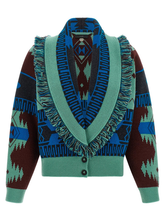 Cardigan by Alanui for women in cashmere virgin wool light-blue, patterned, jacquard & signature features a dramatic silhouette, showcasing a sophisticated shawl-collar neckline and dramatic detail for a timeless, premium look.
