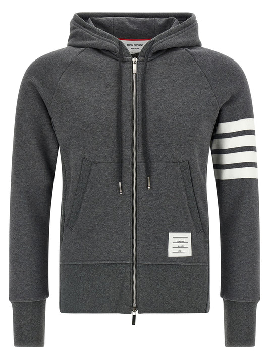 Sweatshirt Hoodie by Thom Browne for men in cotton dark-gray, gray, silver & patterned features an dramatic silhouette, showcasing a sophisticated hooded neckline and dramatic for a refined, modern aesthetic.