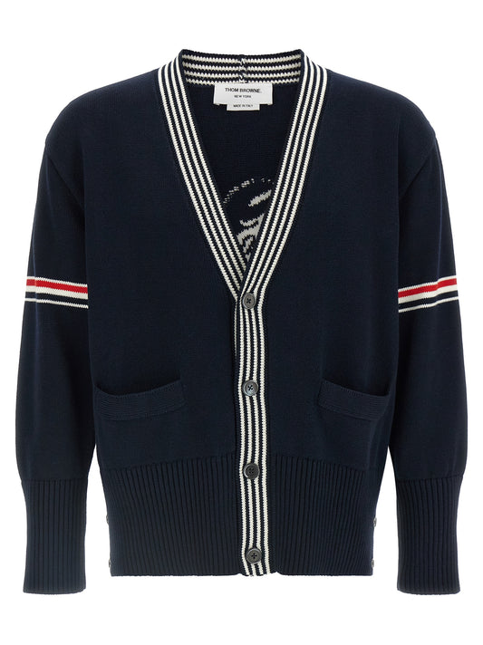 Cardigan by Thom Browne for men in cotton navy, signature & striped features a dramatic silhouette, showcasing a sophisticated v-neck neckline and dramatic detail for a timeless, premium look.