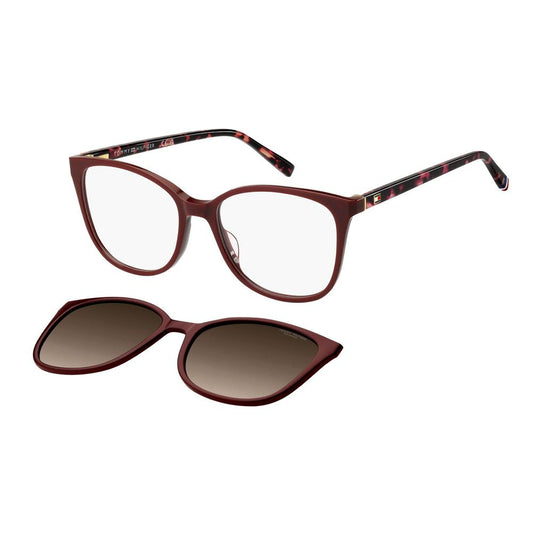 Eyeglasses Frames by Tommy Hilfiger for women in acetate and burgundy showcases a refined silhouette, detailed with a burgundy coloured frame finish and a sophisticated full-frame frame design.