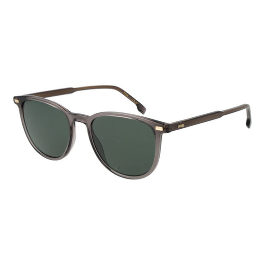 Sunglasses by Hugo Boss for men in acetate and gray presents a enviable silhouette, featuring gray coloured frame and full-rim panto frame design with non-polarized category-3-dark-tint lens for a enviable look.