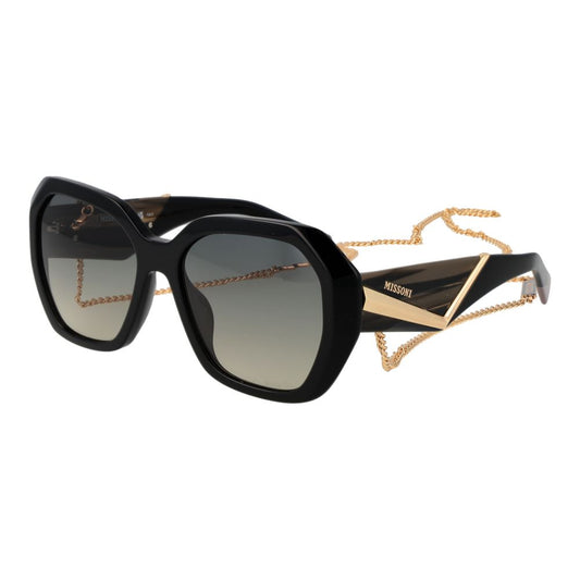 Sunglasses by Missoni for women in acetate black features a contemporary silhouette, showcasing a contemporary full-rim square frame design in black coloured frame with high-performance gradient category-2-medium-tint lens.