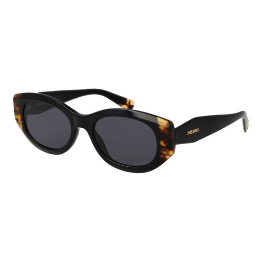 Sunglasses by Missoni for women in acetate black showcases a ethereal silhouette, featuring black coloured frame full-rim oval frame design with non-polarized category-3-dark-tint lens for a ethereal finish.