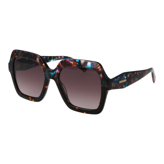 This Sunglasses by Missoni for women in acetate multicolor presents a sumptuous silhouette, showcasing a sumptuous full-rim square frame design in multicolor coloured frame and high-performance gradient category-3-dark-tint lens.