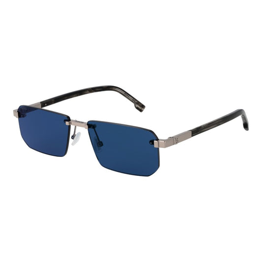 This Sunglasses by Hugo Boss for men in metal silver presents a sumptuous silhouette, showcasing a sumptuous rectangle rimless frame design in silver coloured frame and high-performance mirrored category-3-dark-tint lens.