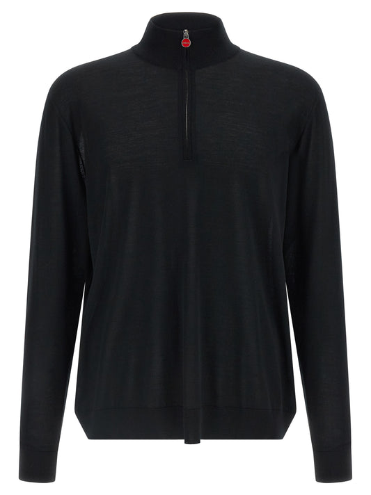 Cardigan by Kiton for men in wool black & red features a dramatic silhouette, showcasing a sophisticated mock neckline and dramatic detail for a timeless, premium look.