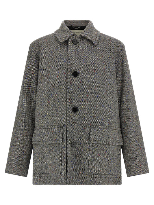 Overcoat by Dries Van Noten for men in wool gray, multicolor & signature features an satoral silhouette, showcasing a sophisticated and satoral pockets for a premium, timeless look.