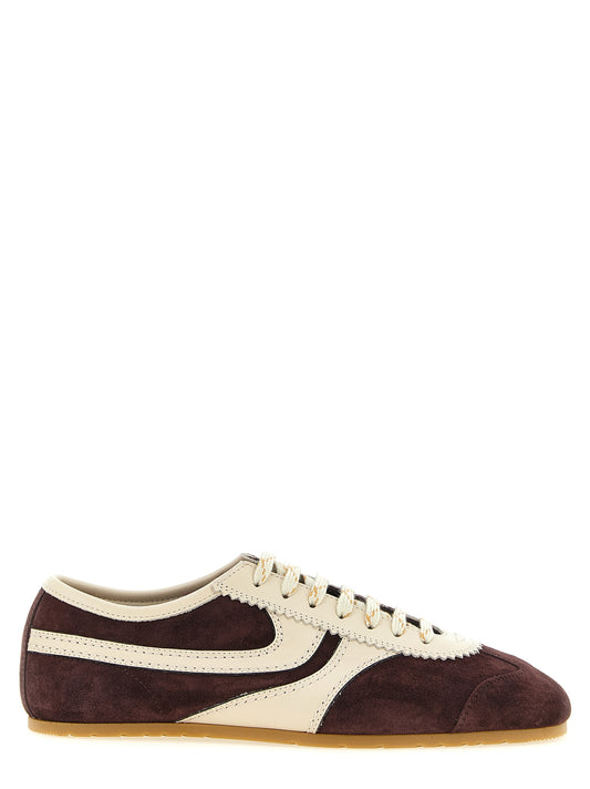 Sneakers by Dries Van Noten for men in suede calfskin leather bordeaux, natural & signature features a chic design, perfectly showcasing the chic low-top style of this Men's Low Top Suede Calfskin Leather Sneakers.
