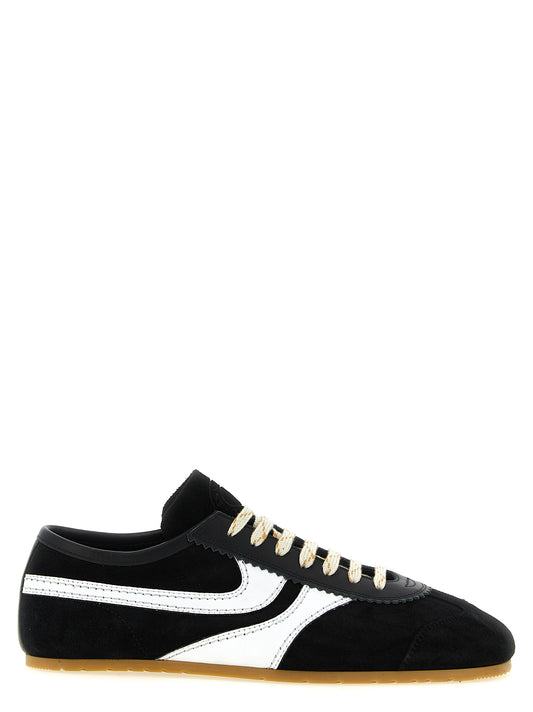 Athletic Sneakers by Dries Van Noten for men in suede calfskin leather bicolour, black, natural, white & striped showcases a architectural silhouette, artfully capturing the essence of the Men's Low Top Suede Calfskin Leather Athletic Sneakers with its signature architectural low-top style construction.