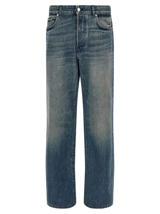 Jeans by Dries Van Noten for men in cotton denim brown & light-blue features a polished silhouette with a polished straight-leg & relaxed-fit, reaching a polished long and finished with a polished mid rise.
