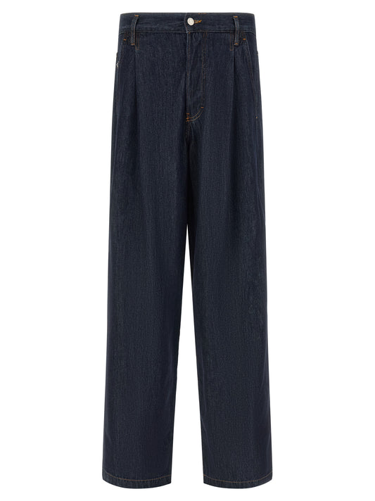 Jeans by Dries Van Noten for men in cotton denim blue, brown, indigo & signature features an sartorial wide and long with a cut for a sartorial finish.