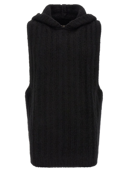 Hooded Tank Top by Rick Owens for men in cashmere silk black showcases a streamlined Men's Relaxed Fit Cashmere Silk Hooded Tank Top design with a streamlined sleeveless and hooded neckline.