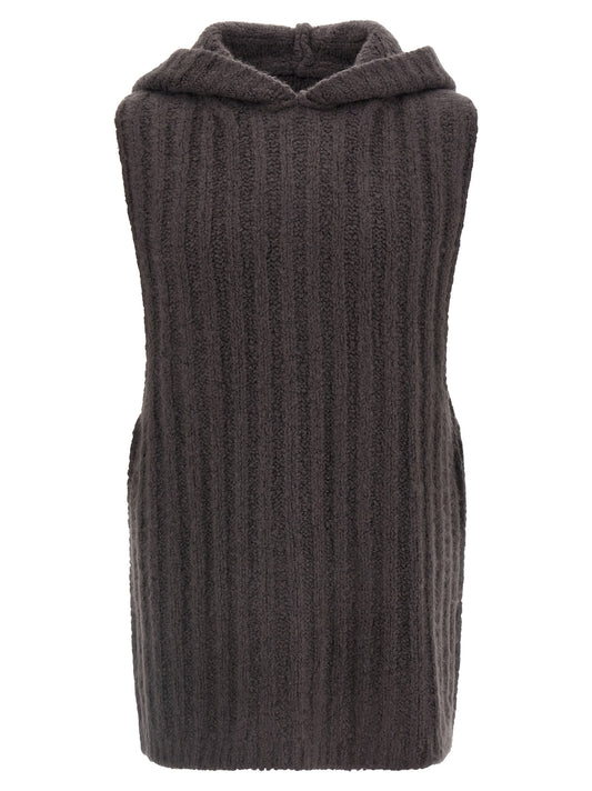 Hoodie by Rick Owens for men in cashmere silk gray features an avant-garde silhouette, showcasing a sophisticated hooded neckline and sleeveless detail for a truly avant-garde finish.