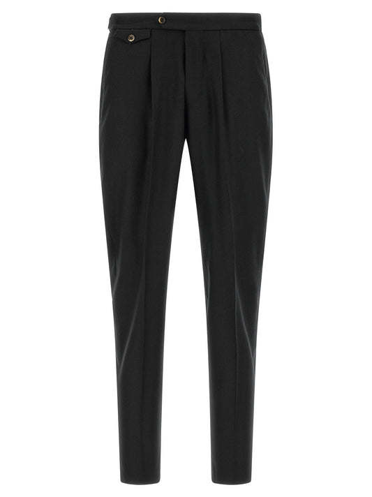 Trousers by PT Torino for men in cashmere & virgin wool black presents a perennial silhouette, meticulously tailored with a tapered-leg cut, long finish, and an elegant .