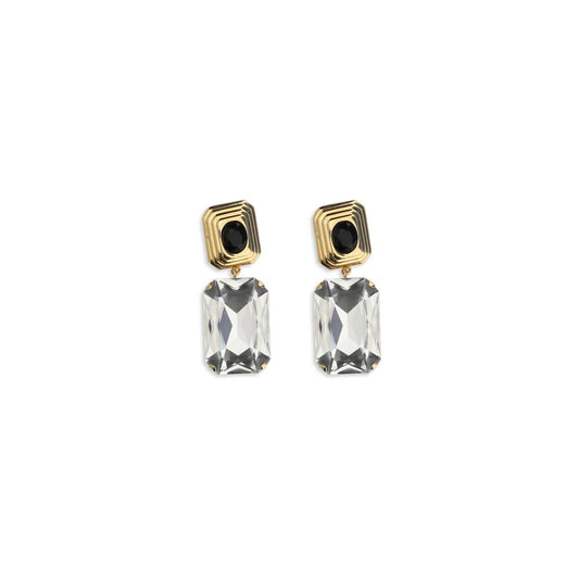 Earrings by Alessandra Rich for women in leather polyester polypropylene & rubber black & gold showcases a enchanting silhouette, artfully incorporating the intricate clip-on drop seen in the Women's Clip On Drop Gold Brass & Crystal Earrings.