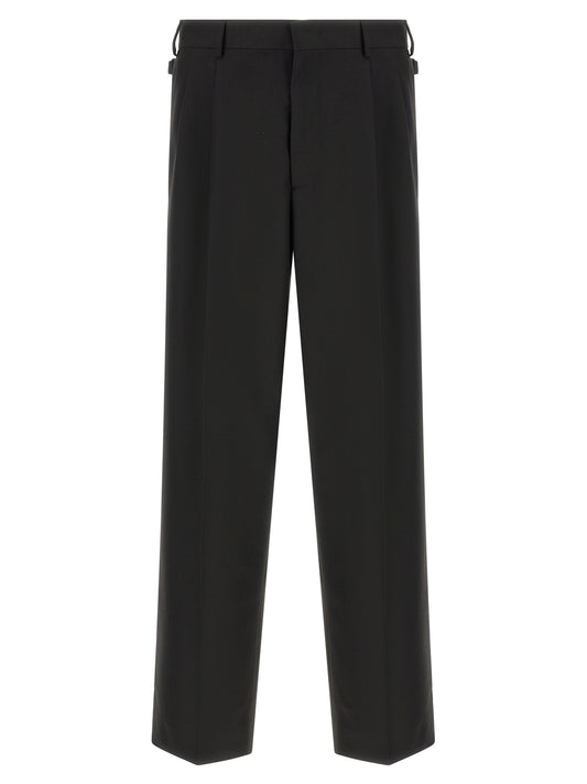 Trousers by CELLAR DOOR for men in polyester & viscose black features a sculptural silhouette, showcasing a sculptural straight-leg and long with a sophisticated for a sculptural finish.