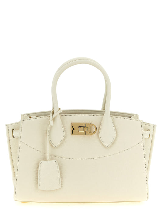 Handbag by Ferragamo for women in calfskin leather gold & white features a refined silhouette, showcasing a secure , organized , and versatile handle for a refined finish.