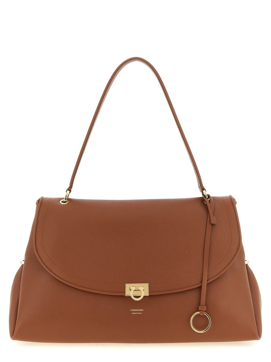 Shoulder Bag by Ferragamo for women in bos taurus calfskin leather brown, gold & natural features an effortlessly chic silhouette with a secure snap & zipper, ample , and versatile shoulder-strap, handle, adjustable-strap & detachable-strap for effortlessly chic everyday luxury.
