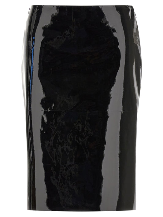 Skirt by Ferragamo for women in lamb leather black features a contoured silhouette from the Women's Pencil High Rise Lamb Leather Midi Skirt collection, characterized by its contoured midi for a contoured finish.