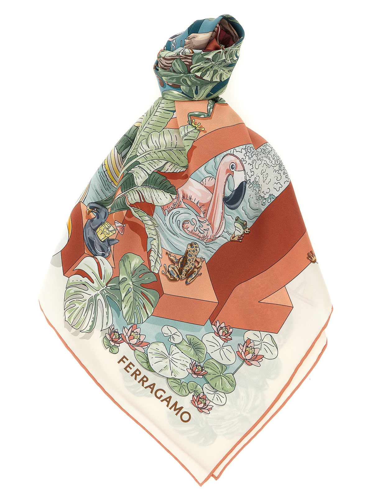 Scarf by Ferragamo for women in silk multicolor & print features a snug silhouette, perfectly showcasing the elegant drape and premium finish of the Silk Square Scarf.