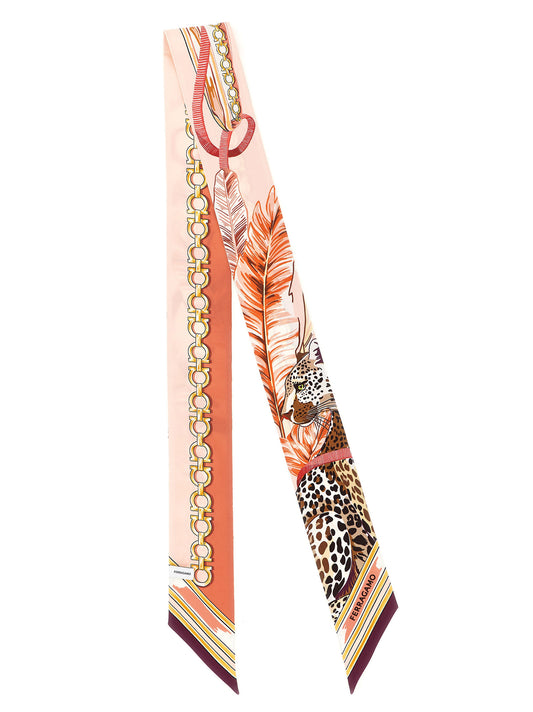 Bandana-Headtie by Ferragamo for women in silk gold, multicolor, natural, peach, pink, signature & print features an magnificent finish, perfectly showcasing the magnificent aesthetic of the Gancini Silk Bandana-Headtie design.
