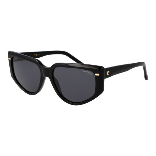 Sunglasses by Carrera for women in acetate black features an effortlessly chic rectangle full-rim frame design with black coloured frame detailing and non-polarized category-3-dark-tint lens for a effortlessly chic aesthetic.