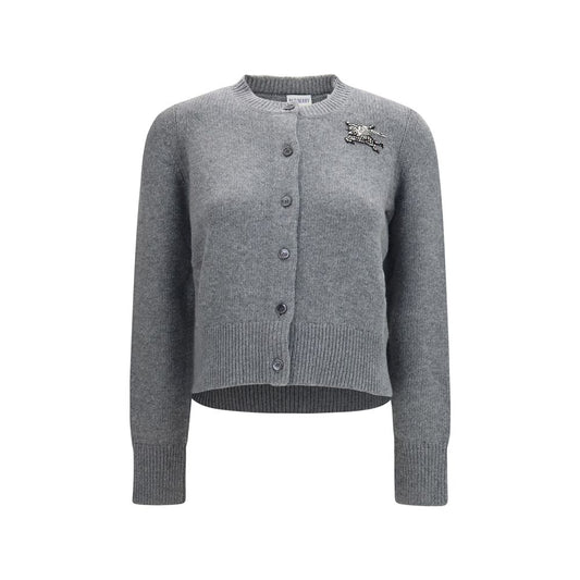 Cardigan by Burberry for women in cashmere & merino wool gray showcases a luxurious silhouette, meticulously detailed with a sophisticated crew neckline and long-sleeve for a refined finish.