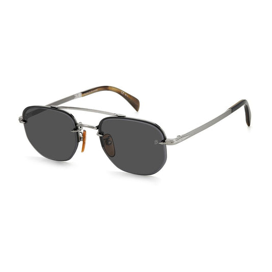 Sunglasses by David Beckham for men in metal silver showcases a ethereal silhouette, featuring silver coloured frame aviator rimless frame design with non-polarized category-3-dark-tint lens for a ethereal finish.