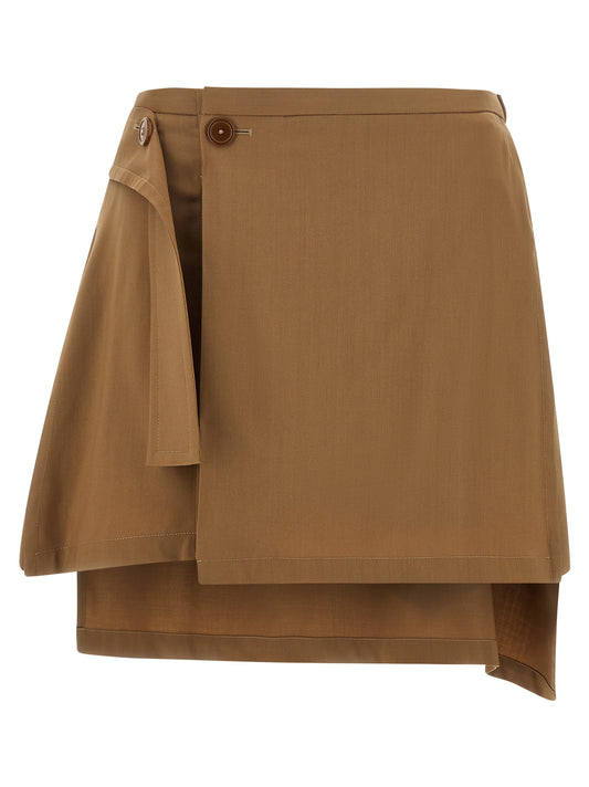 Skirt by Vivienne Westwood for women in virgin wool brown showcases a sultry silhouette, elegantly defined by its mini long and the sophisticated sultry design of the Women's Kilt Asymmetrical Virgin Wool Mini Long Skirt.