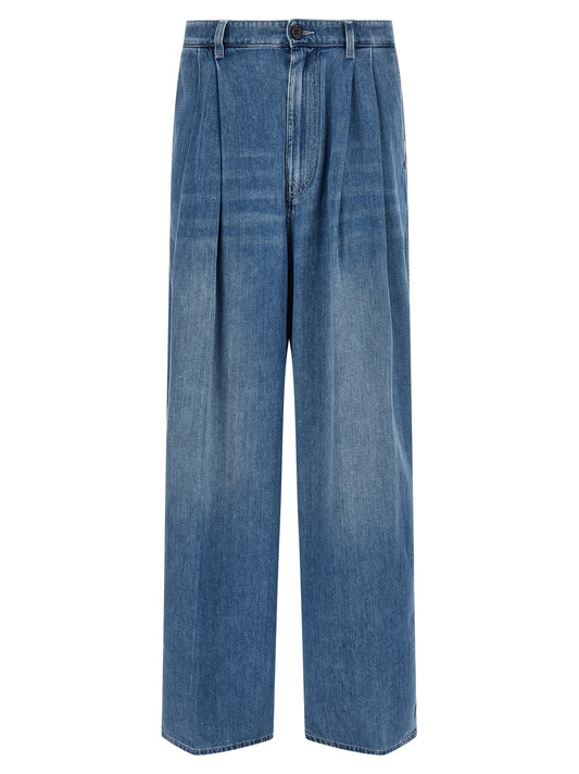 Jeans by Marni for men in cotton denim & calfskin blue features a refined silhouette with a refined oversized, defined by a high rise and a refined long for a refined finish.