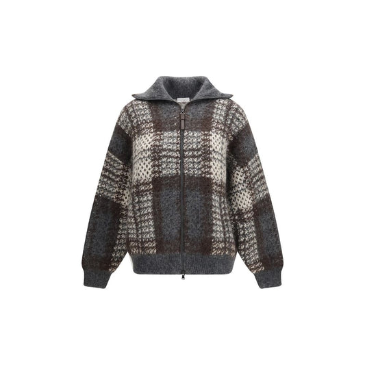 Cardigan by Brunello Cucinelli for women in cashmere mohair silk & wool gray, patterned & checked features an crisp silhouette, showcasing a sophisticated high-collar neckline and detail for a truly crisp finish.