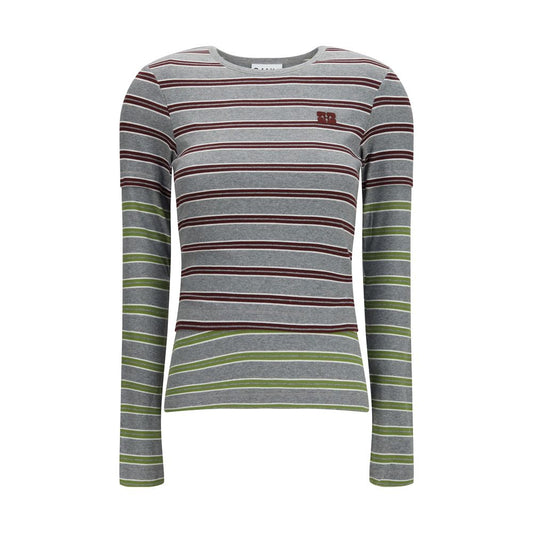 T-Shirt by Ganni for women in stretch cotton gray & striped features a plush silhouette, showcasing a sophisticated round neckline and long-sleeve for a truly plush finish.