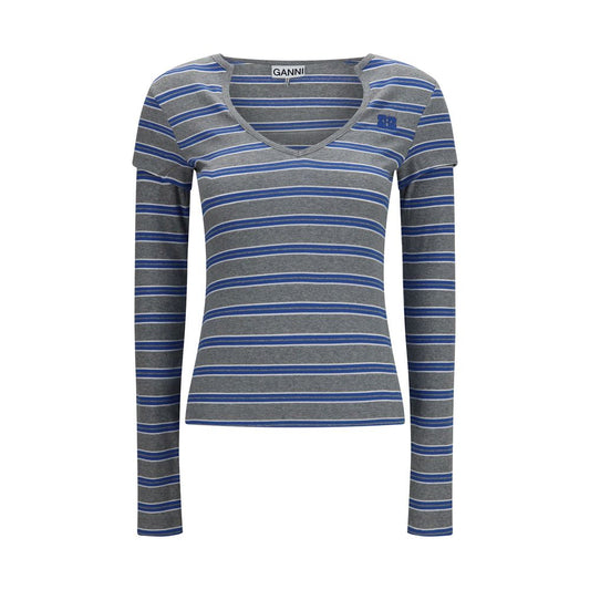 T-Shirt by Ganni for women in organic cotton cotton & elastane gray showcases a chic silhouette, artfully detailed with a chic v-neck neckline and long-sleeve for a chic finish.