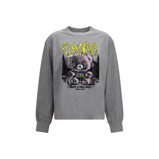 Sweatshirt by Ganni for women in organic cotton gray showcases a slouchy chic silhouette, artfully detailed with a slouchy chic crew neckline and long-sleeve for a slouchy chic finish.