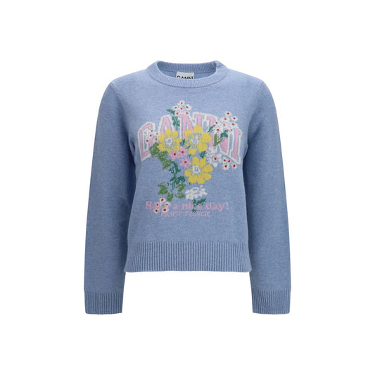 Sweatshirt by Ganni for women in polyamide & merino wool blue & floral showcases a slouchy chic silhouette, artfully detailed with a slouchy chic round neckline and long-sleeve for a slouchy chic finish.