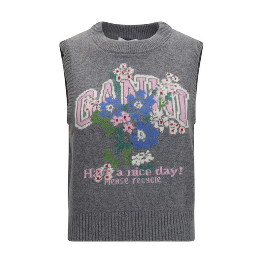 Sweater by Ganni for women in polyamide & merino wool gray, floral & print showcases a downtown chic silhouette, artfully finished with a downtown chic round neckline and sleeveless for a sophisticated, high-end look.