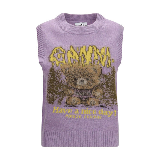 Sweater by Ganni for women in polyamide merino & alpaca wool gray & jacquard showcases a downtown chic silhouette, artfully finished with a downtown chic crew neckline and sleeveless for a sophisticated, high-end look.