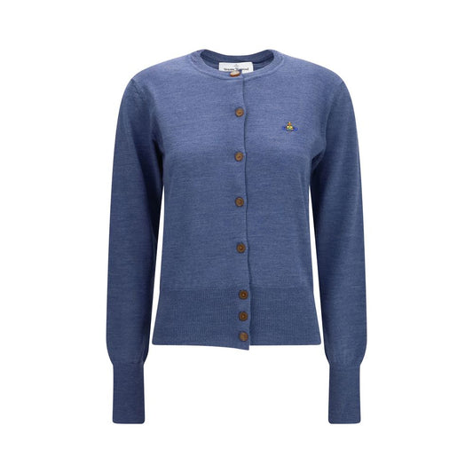 Cardigan by Vivienne Westwood for women in merino wool blue showcases a captivating silhouette, artfully detailed with a captivating long-sleeve and crew neckline for a truly sophisticated captivating look.