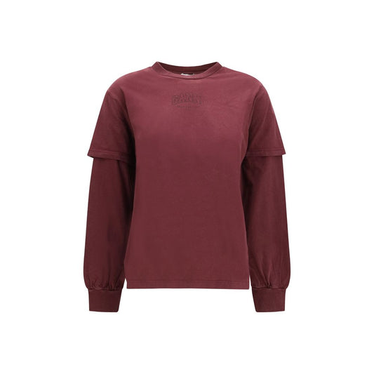 Sweatshirt by Ganni for women in organic cotton bordeaux & print showcases a slouchy chic silhouette, artfully detailed with a slouchy chic crew neckline and long-sleeve for a slouchy chic finish.