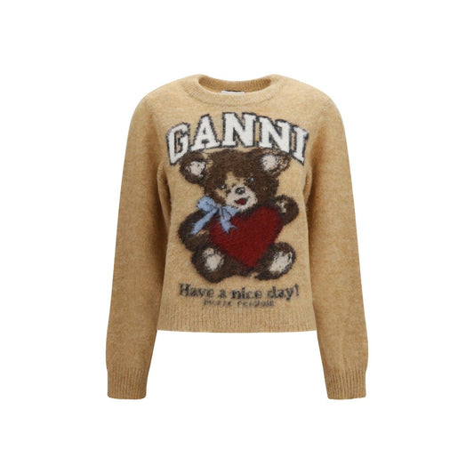 Sweatshirt by Ganni for women in polyamide merino & alpaca wool beige & print features an provocated silhouette, detailed with a provocated long-sleeve and a refined crew neckline for a sophisticated aesthetic.